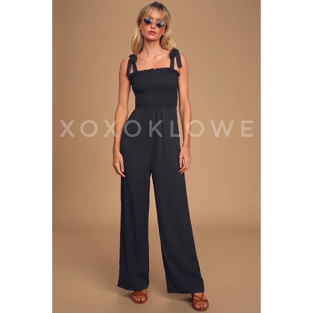 POL Black Relaxed Fit Smocked Jumpsuit Self Tie Shoulder Ribbons - Picture 10 of 16